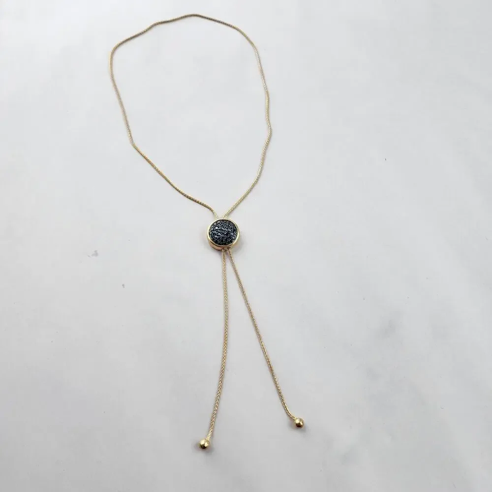 Bellezza lariat necklace ITALY 14KT Gold Plated Vintage Signed NEW Black Crystal